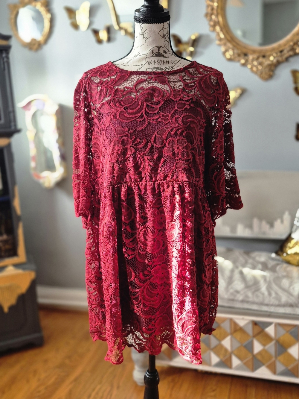 zeagoo Red Lace Romantic Floral Babydoll Blouse XL